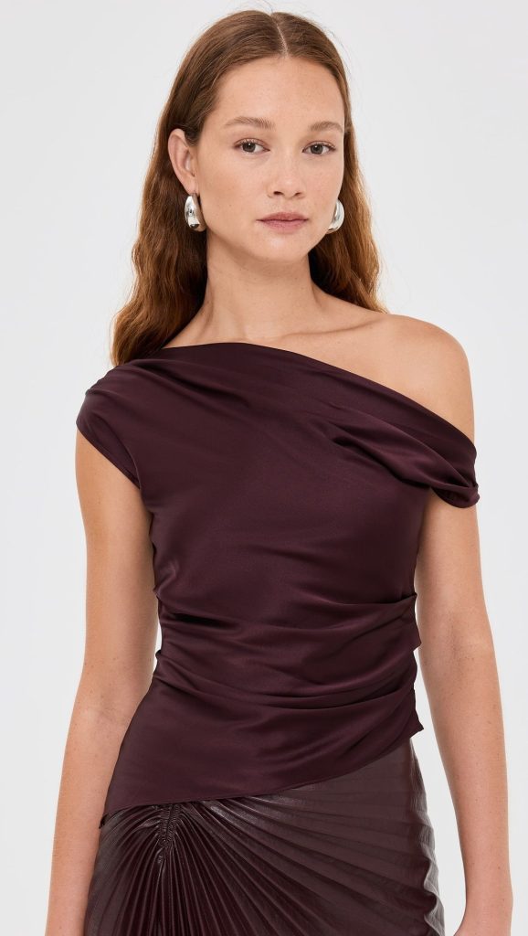 Saten Tek Omuz Bordo Bluz