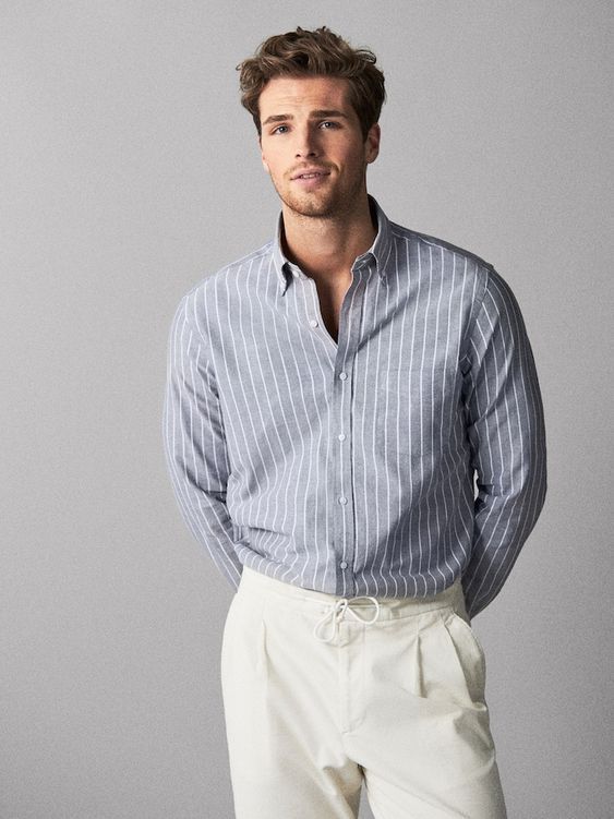 Erkek Gri Çizgili Keten Gömlek